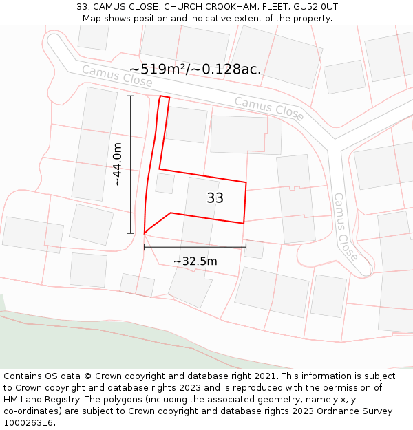33, CAMUS CLOSE, CHURCH CROOKHAM, FLEET, GU52 0UT: Plot and title map