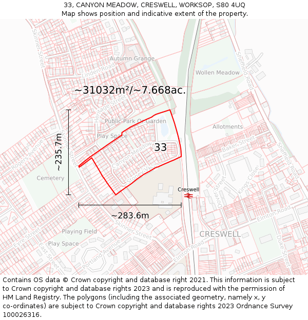 33, CANYON MEADOW, CRESWELL, WORKSOP, S80 4UQ: Plot and title map