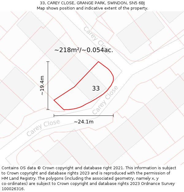 33, CAREY CLOSE, GRANGE PARK, SWINDON, SN5 6BJ: Plot and title map