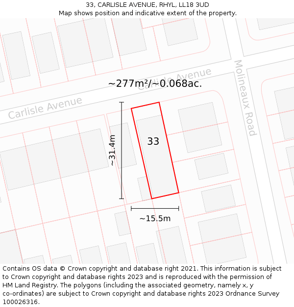 33, CARLISLE AVENUE, RHYL, LL18 3UD: Plot and title map