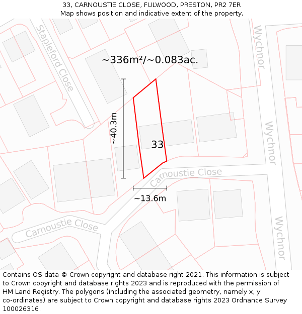 33, CARNOUSTIE CLOSE, FULWOOD, PRESTON, PR2 7ER: Plot and title map