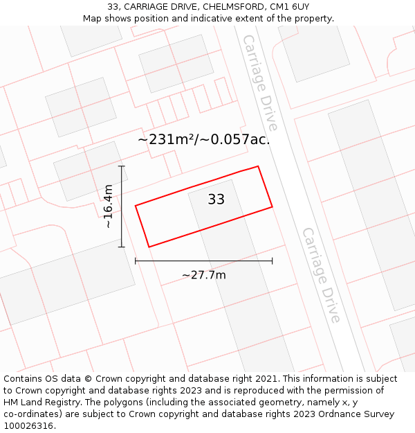 33, CARRIAGE DRIVE, CHELMSFORD, CM1 6UY: Plot and title map