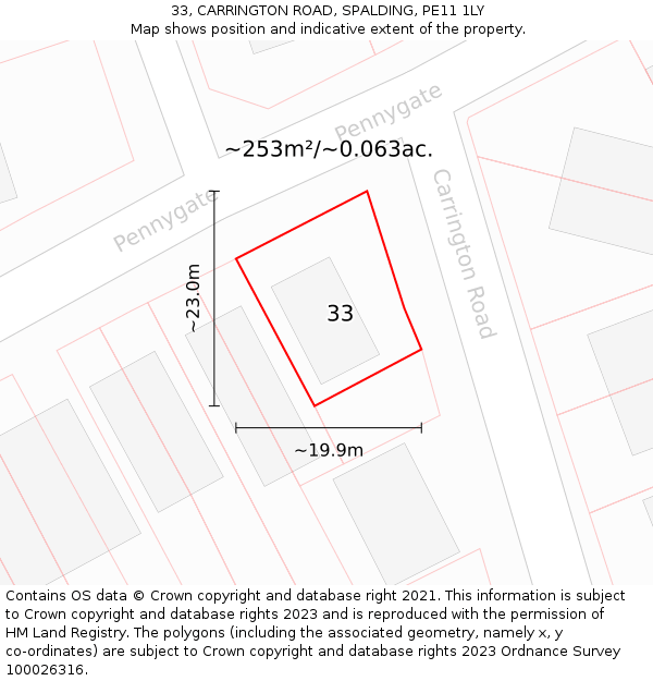 33, CARRINGTON ROAD, SPALDING, PE11 1LY: Plot and title map