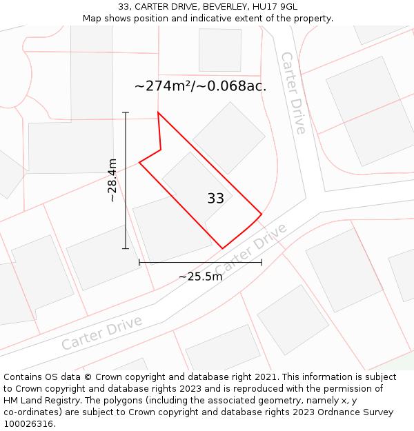 33, CARTER DRIVE, BEVERLEY, HU17 9GL: Plot and title map