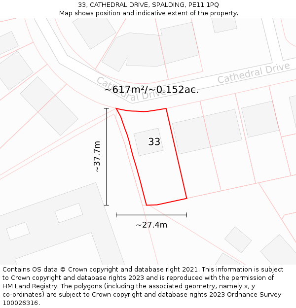 33, CATHEDRAL DRIVE, SPALDING, PE11 1PQ: Plot and title map