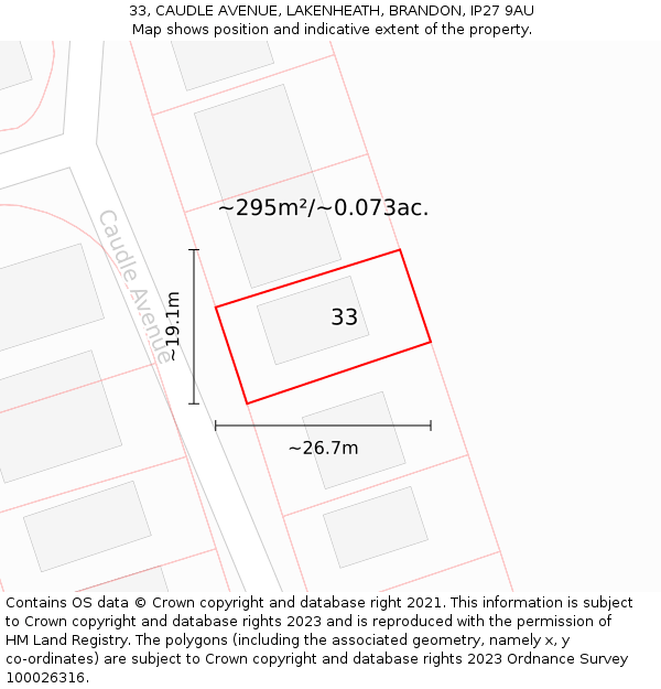 33, CAUDLE AVENUE, LAKENHEATH, BRANDON, IP27 9AU: Plot and title map