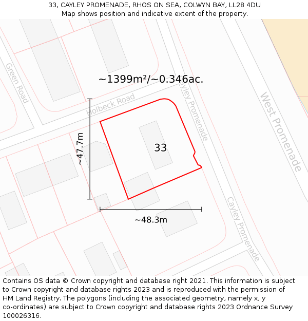 33, CAYLEY PROMENADE, RHOS ON SEA, COLWYN BAY, LL28 4DU: Plot and title map