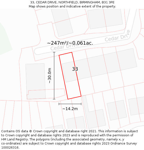 33, CEDAR DRIVE, NORTHFIELD, BIRMINGHAM, B31 3PE: Plot and title map