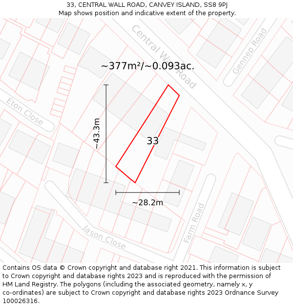 33, CENTRAL WALL ROAD, CANVEY ISLAND, SS8 9PJ: Plot and title map