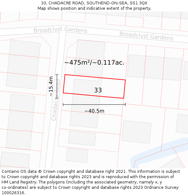 33, CHADACRE ROAD, SOUTHEND-ON-SEA, SS1 3QX: Plot and title map