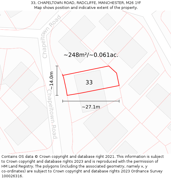 33, CHAPELTOWN ROAD, RADCLIFFE, MANCHESTER, M26 1YF: Plot and title map