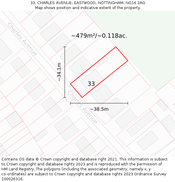 33, CHARLES AVENUE, EASTWOOD, NOTTINGHAM, NG16 2AG: Plot and title map