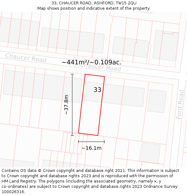 33, CHAUCER ROAD, ASHFORD, TW15 2QU: Plot and title map