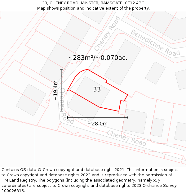 33, CHENEY ROAD, MINSTER, RAMSGATE, CT12 4BG: Plot and title map