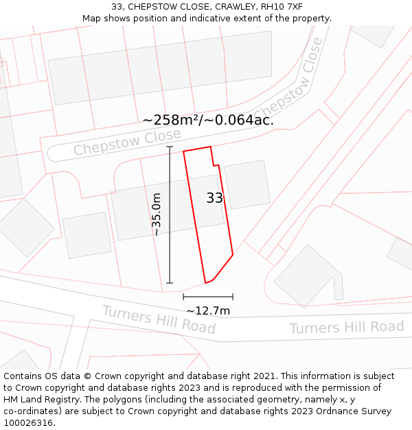 33, CHEPSTOW CLOSE, CRAWLEY, RH10 7XF: Plot and title map