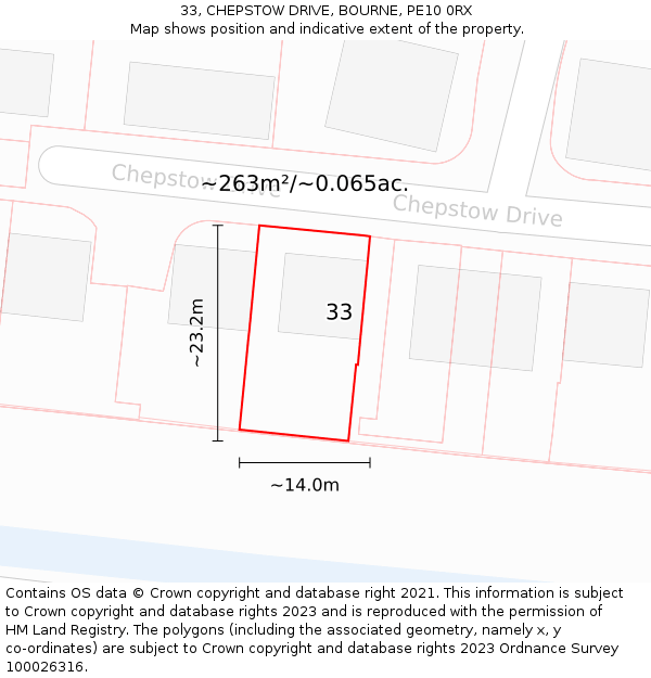 33, CHEPSTOW DRIVE, BOURNE, PE10 0RX: Plot and title map