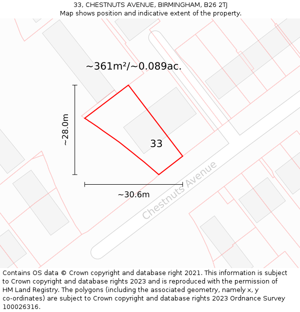 33, CHESTNUTS AVENUE, BIRMINGHAM, B26 2TJ: Plot and title map