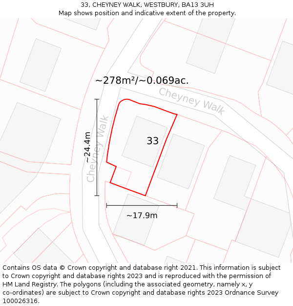 33, CHEYNEY WALK, WESTBURY, BA13 3UH: Plot and title map