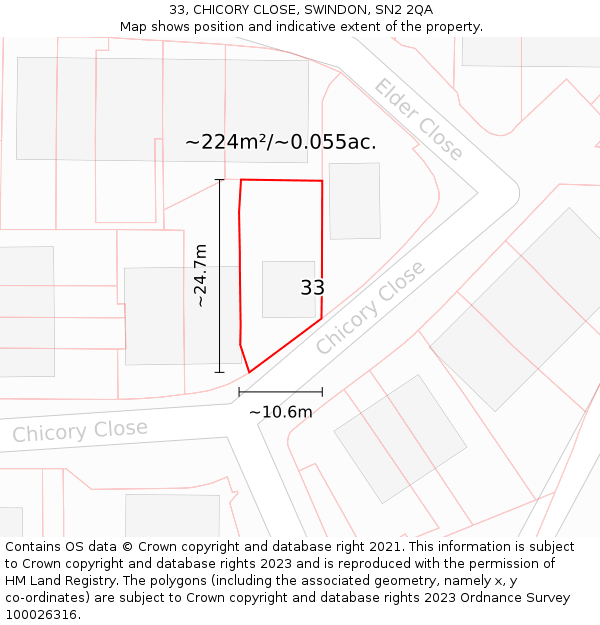 33, CHICORY CLOSE, SWINDON, SN2 2QA: Plot and title map