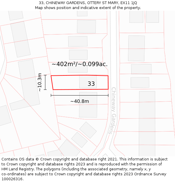 33, CHINEWAY GARDENS, OTTERY ST MARY, EX11 1JQ: Plot and title map