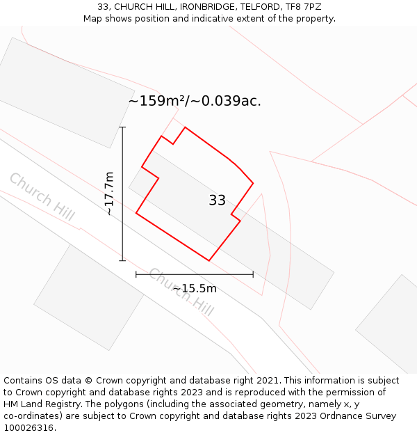 33, CHURCH HILL, IRONBRIDGE, TELFORD, TF8 7PZ: Plot and title map