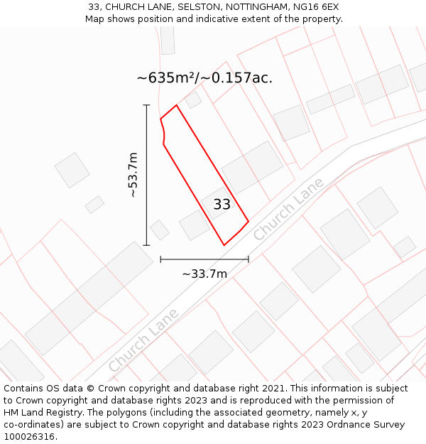 33, CHURCH LANE, SELSTON, NOTTINGHAM, NG16 6EX: Plot and title map