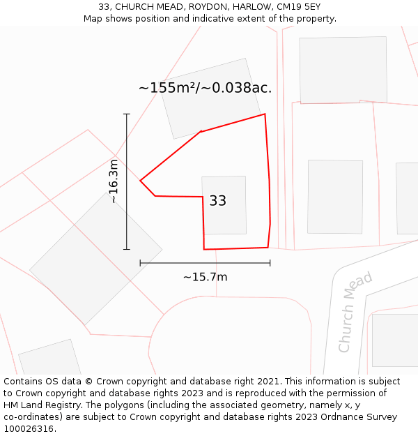 33, CHURCH MEAD, ROYDON, HARLOW, CM19 5EY: Plot and title map