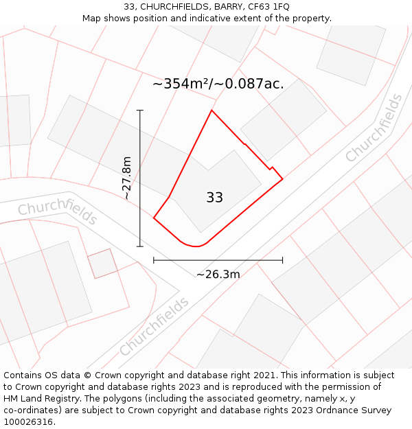 33, CHURCHFIELDS, BARRY, CF63 1FQ: Plot and title map