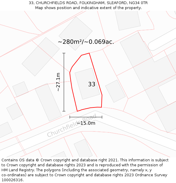 33, CHURCHFIELDS ROAD, FOLKINGHAM, SLEAFORD, NG34 0TR: Plot and title map