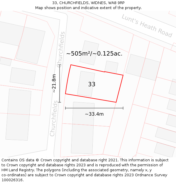 33, CHURCHFIELDS, WIDNES, WA8 9RP: Plot and title map