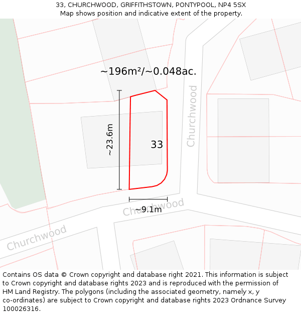 33, CHURCHWOOD, GRIFFITHSTOWN, PONTYPOOL, NP4 5SX: Plot and title map