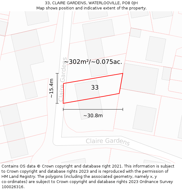 33, CLAIRE GARDENS, WATERLOOVILLE, PO8 0JH: Plot and title map