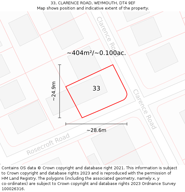 33, CLARENCE ROAD, WEYMOUTH, DT4 9EF: Plot and title map