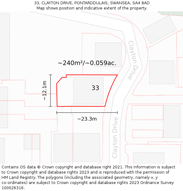 33, CLAYTON DRIVE, PONTARDDULAIS, SWANSEA, SA4 8AD: Plot and title map