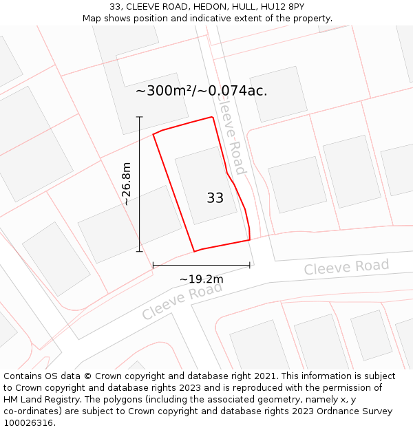 33, CLEEVE ROAD, HEDON, HULL, HU12 8PY: Plot and title map