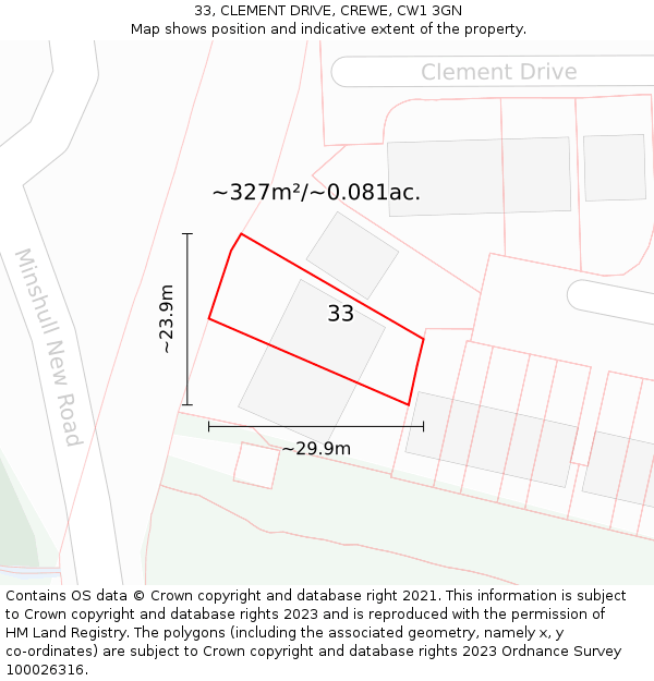 33, CLEMENT DRIVE, CREWE, CW1 3GN: Plot and title map