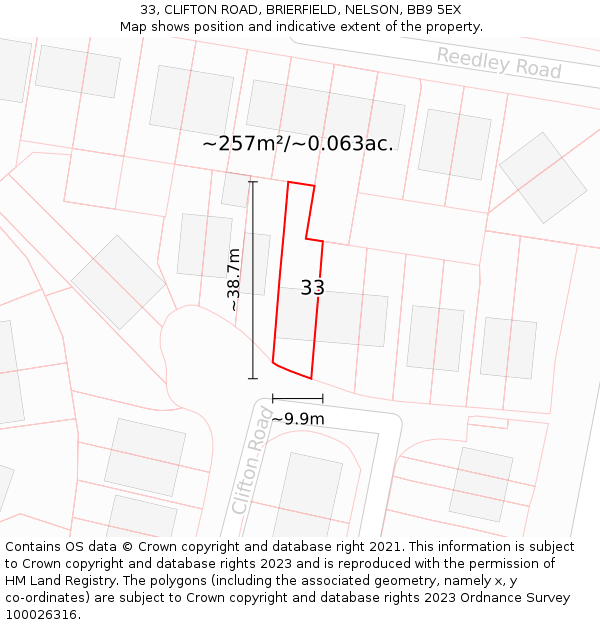 33, CLIFTON ROAD, BRIERFIELD, NELSON, BB9 5EX: Plot and title map