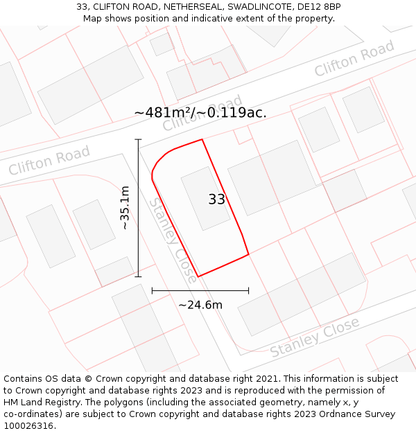 33, CLIFTON ROAD, NETHERSEAL, SWADLINCOTE, DE12 8BP: Plot and title map