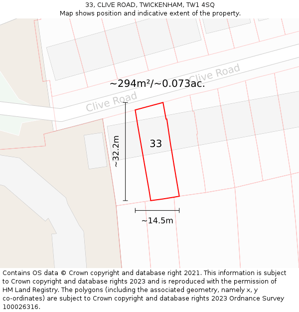 33, CLIVE ROAD, TWICKENHAM, TW1 4SQ: Plot and title map