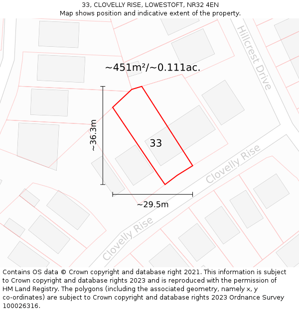 33, CLOVELLY RISE, LOWESTOFT, NR32 4EN: Plot and title map