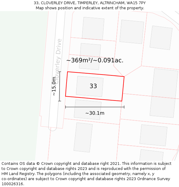 33, CLOVERLEY DRIVE, TIMPERLEY, ALTRINCHAM, WA15 7PY: Plot and title map