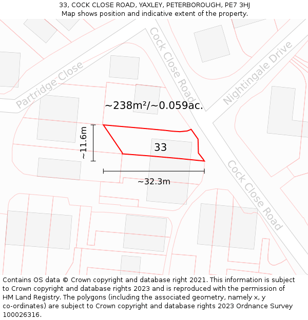 33, COCK CLOSE ROAD, YAXLEY, PETERBOROUGH, PE7 3HJ: Plot and title map
