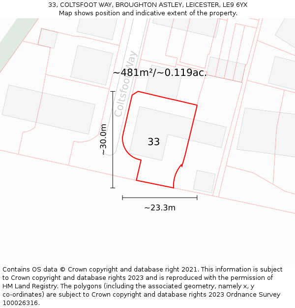 33, COLTSFOOT WAY, BROUGHTON ASTLEY, LEICESTER, LE9 6YX: Plot and title map