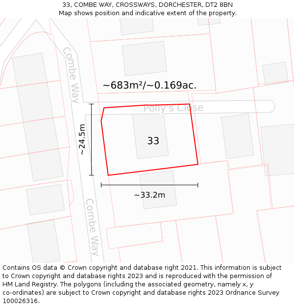 33, COMBE WAY, CROSSWAYS, DORCHESTER, DT2 8BN: Plot and title map