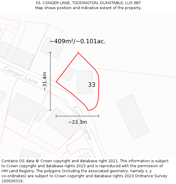 33, CONGER LANE, TODDINGTON, DUNSTABLE, LU5 6BT: Plot and title map