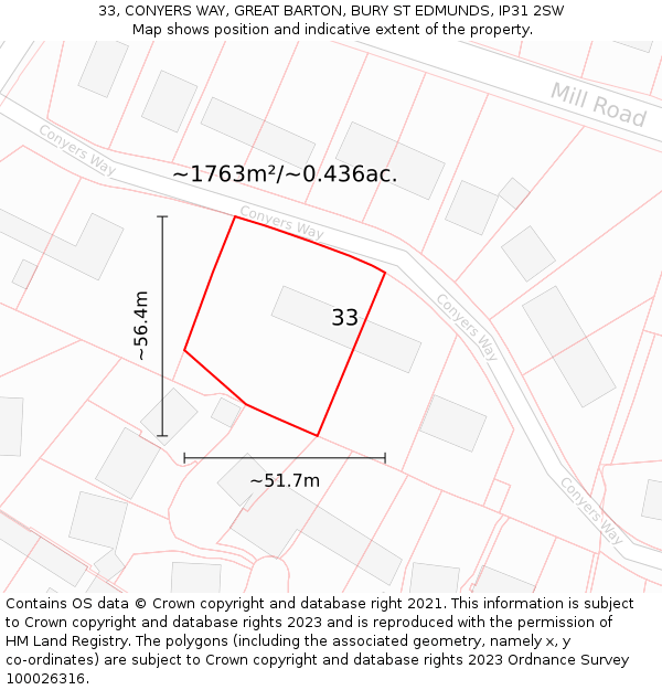 33, CONYERS WAY, GREAT BARTON, BURY ST EDMUNDS, IP31 2SW: Plot and title map