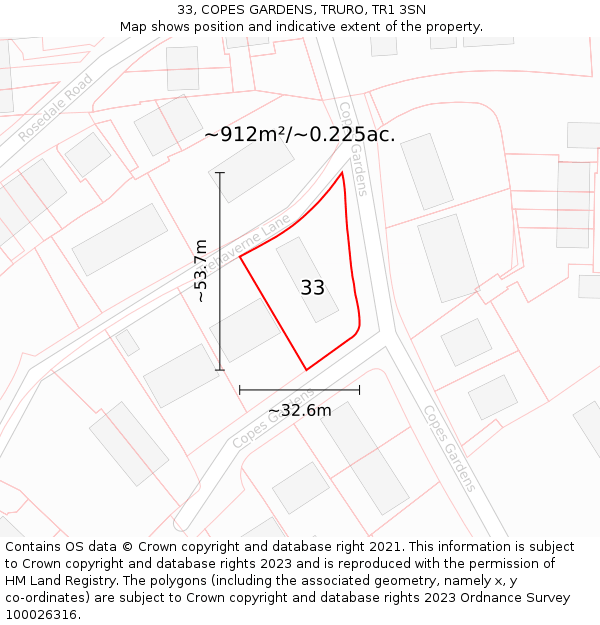 33, COPES GARDENS, TRURO, TR1 3SN: Plot and title map