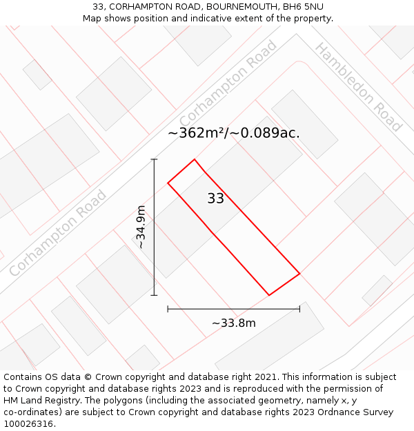 33, CORHAMPTON ROAD, BOURNEMOUTH, BH6 5NU: Plot and title map