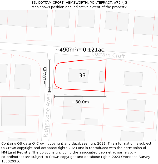 33, COTTAM CROFT, HEMSWORTH, PONTEFRACT, WF9 4JG: Plot and title map