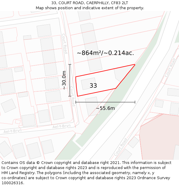 33, COURT ROAD, CAERPHILLY, CF83 2LT: Plot and title map